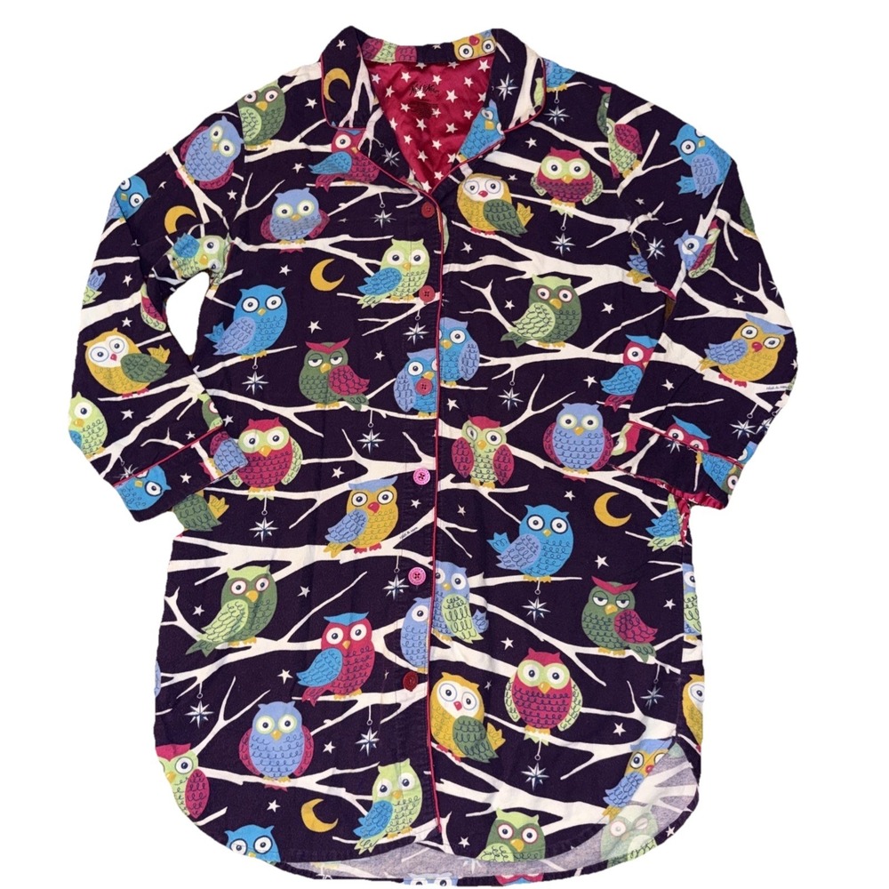 Nick & Nora Owl Theme Sleepwear Night Shirt Large Purple Multicolor  Flannel